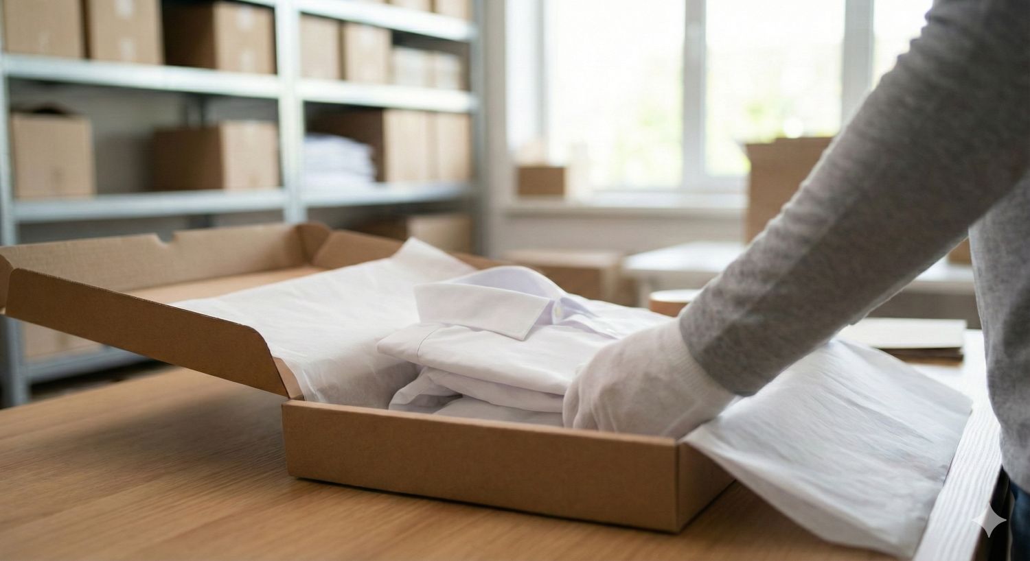 アパレル商品の丁寧な梱包・検品作業の様子